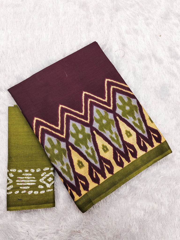BLOOMING IKKAT HAND PRINT MULMUL COTTON MEHNDI GREEN SAREE