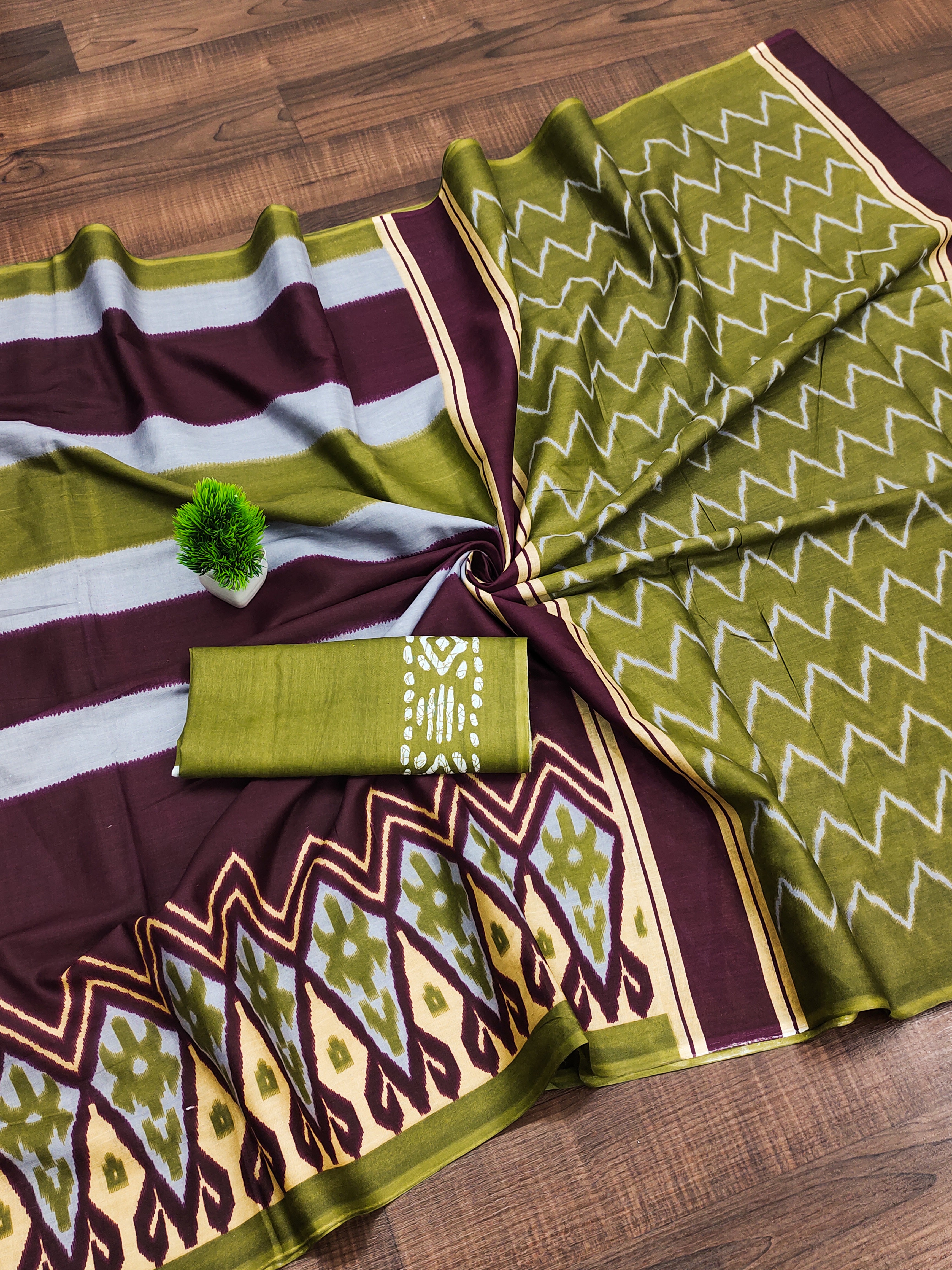 BLOOMING IKKAT HAND PRINT MULMUL COTTON MEHNDI GREEN SAREE