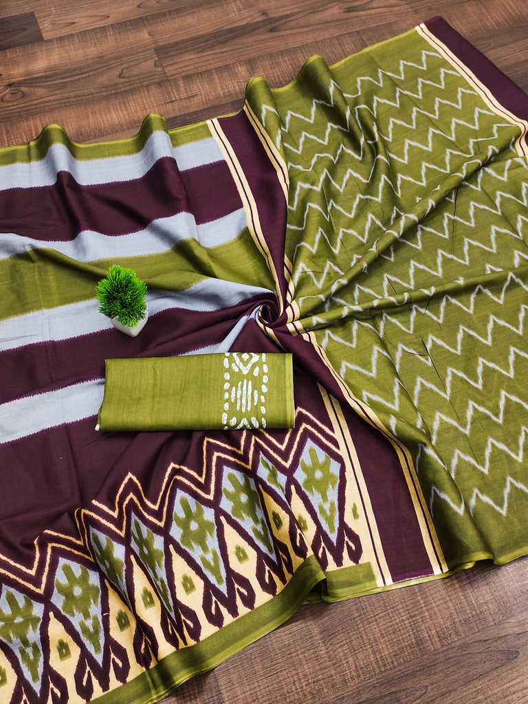 BLOOMING IKKAT HAND PRINT MULMUL COTTON MEHNDI GREEN SAREE