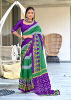 BLOOMING IKKAT HAND PRINT MULMUL COTTON PURPLE SAREE