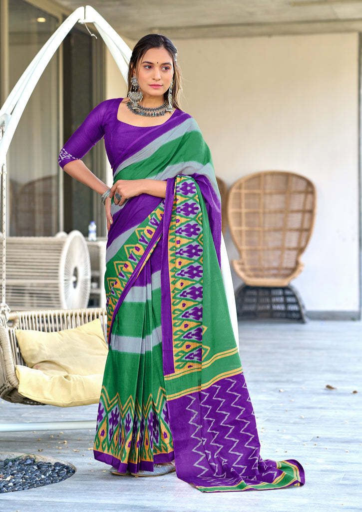 BLOOMING IKKAT HAND PRINT MULMUL COTTON PURPLE SAREE
