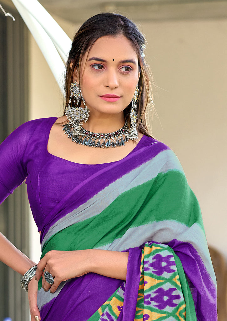 BLOOMING IKKAT HAND PRINT MULMUL COTTON PURPLE SAREE
