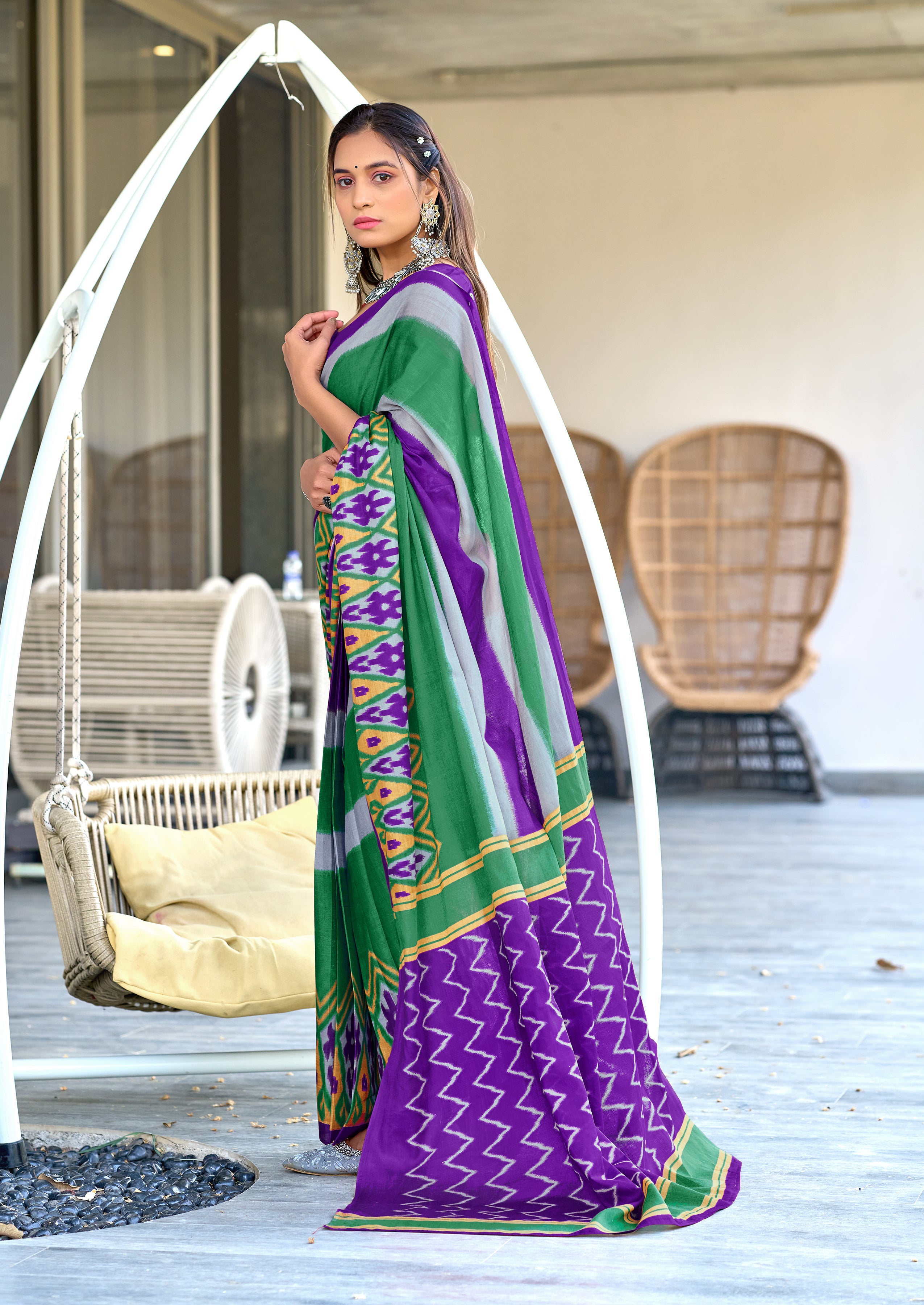 BLOOMING IKKAT HAND PRINT MULMUL COTTON PURPLE SAREE