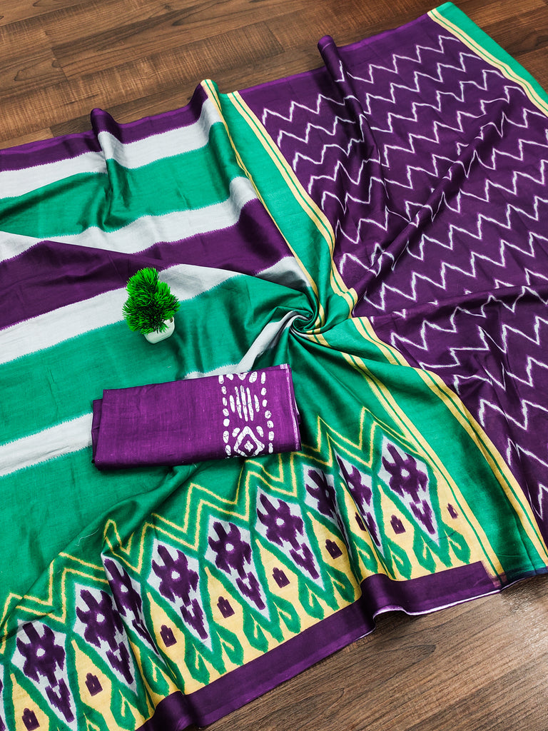 BLOOMING IKKAT HAND PRINT MULMUL COTTON PURPLE SAREE