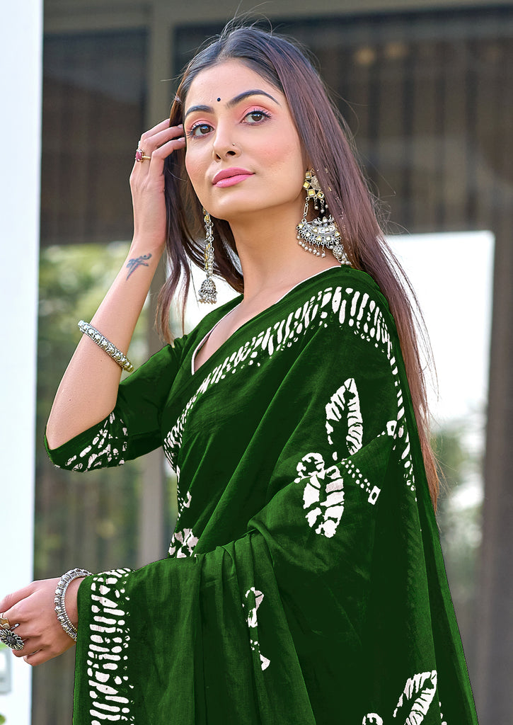 BATIK BUTTERFLY HAND BLOCK MULMUL COTTON GREEN SAREE