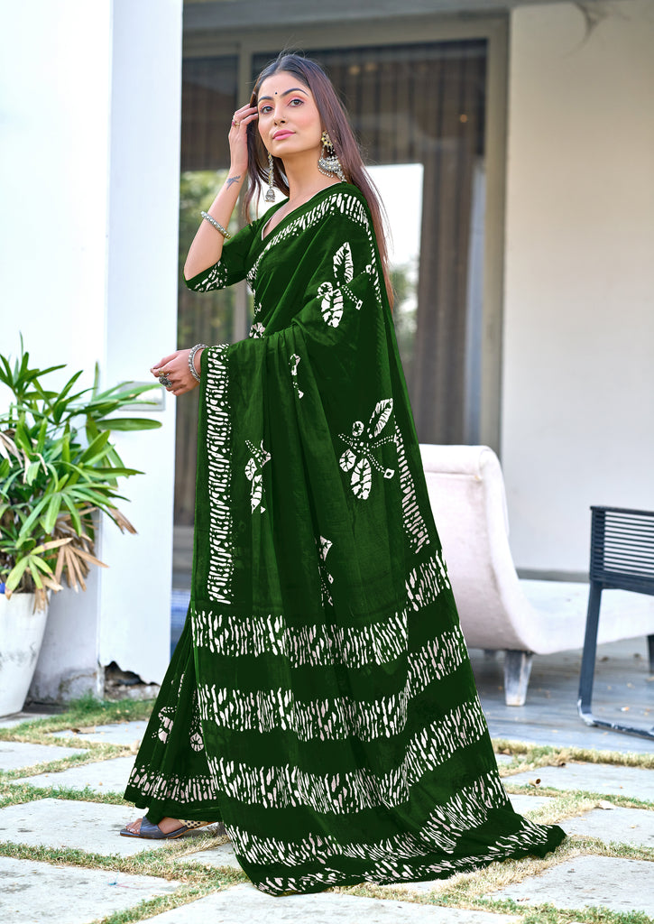 BATIK BUTTERFLY HAND BLOCK MULMUL COTTON GREEN SAREE