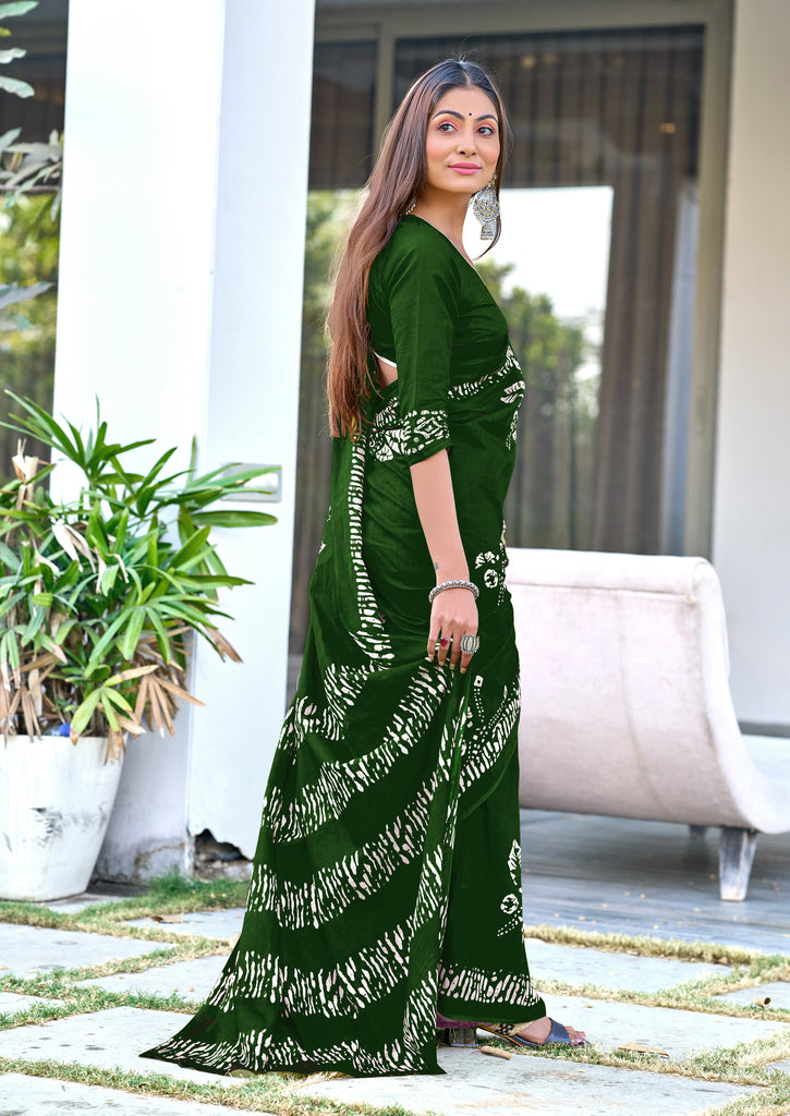 BATIK BUTTERFLY HAND BLOCK MULMUL COTTON GREEN SAREE