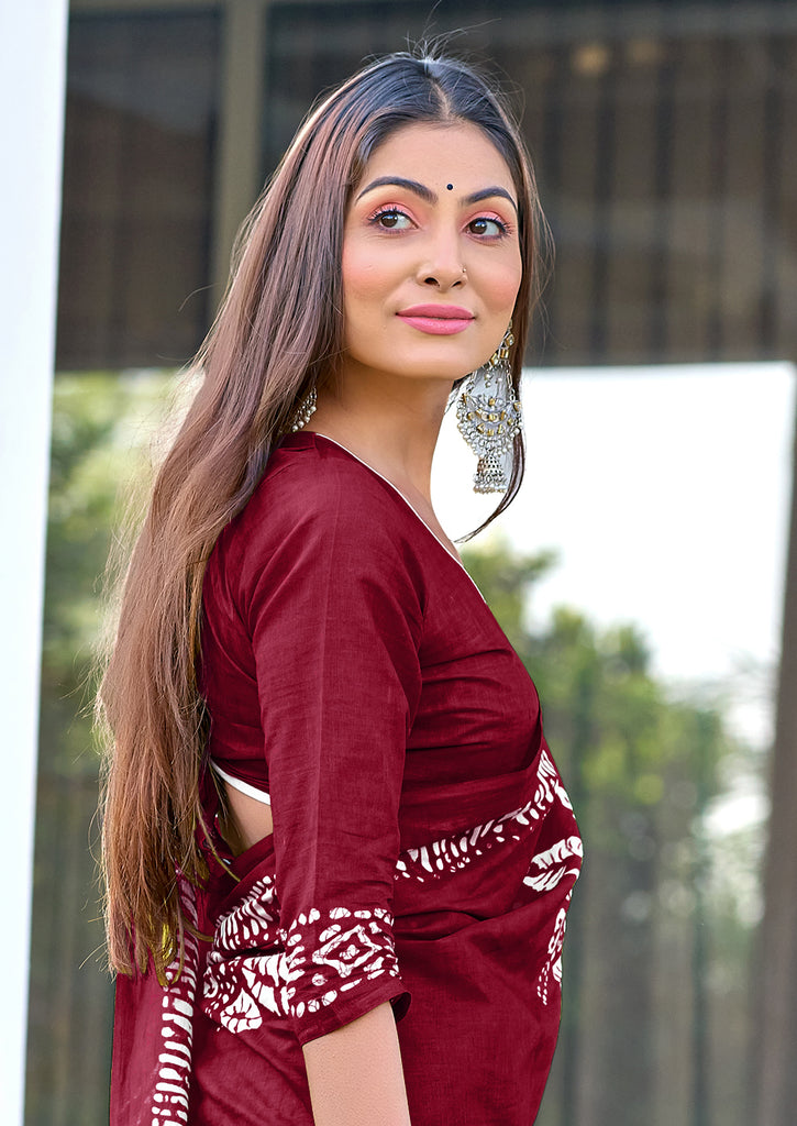 BATIK BUTTERFLY HAND BLOCK MULMUL COTTON MAROON SAREE