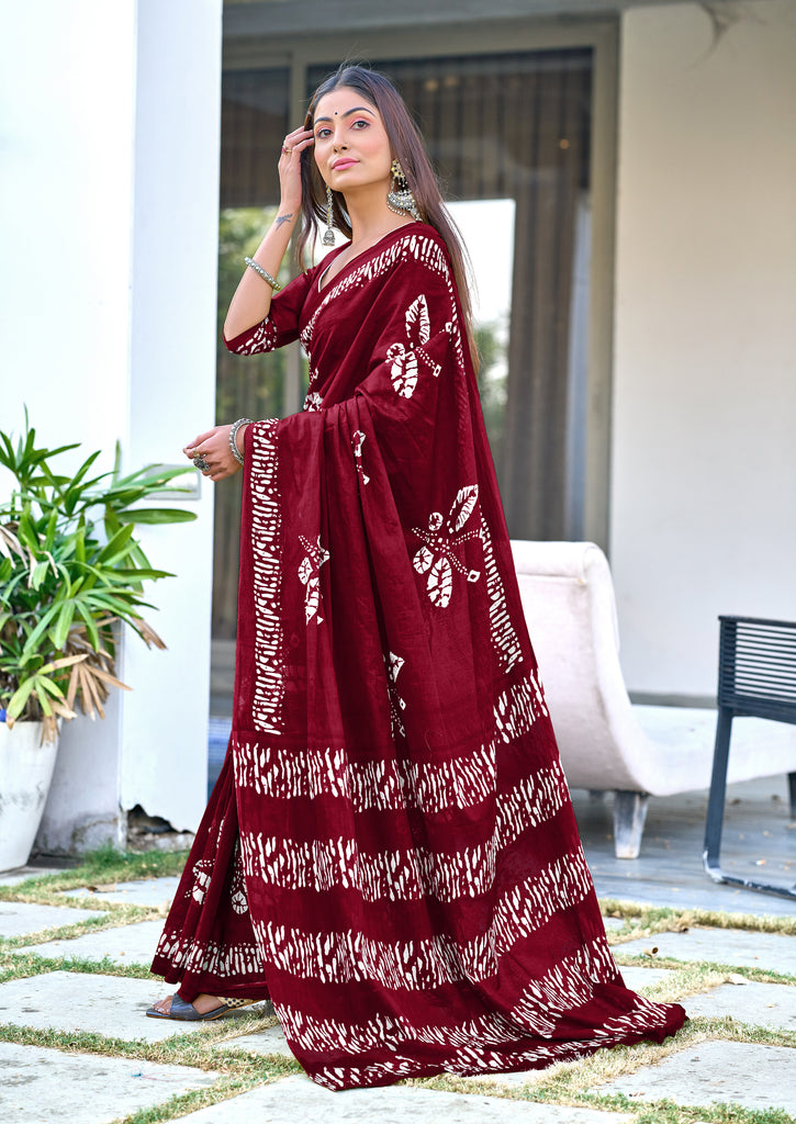 BATIK BUTTERFLY HAND BLOCK MULMUL COTTON MAROON SAREE