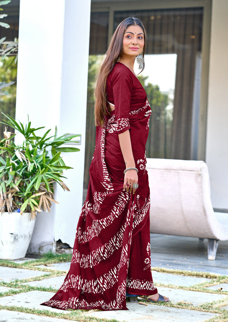 BATIK BUTTERFLY HAND BLOCK MULMUL COTTON MAROON SAREE