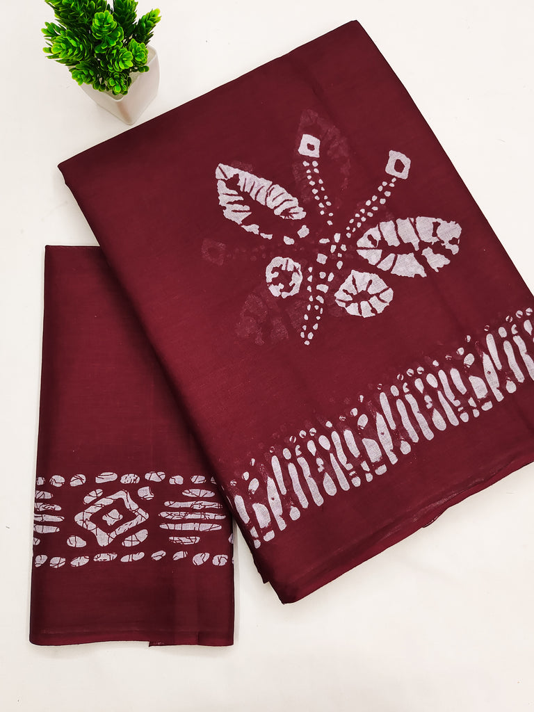 BATIK BUTTERFLY HAND BLOCK MULMUL COTTON MAROON SAREE
