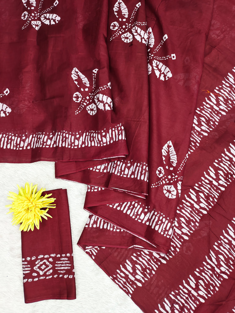 BATIK BUTTERFLY HAND BLOCK MULMUL COTTON MAROON SAREE