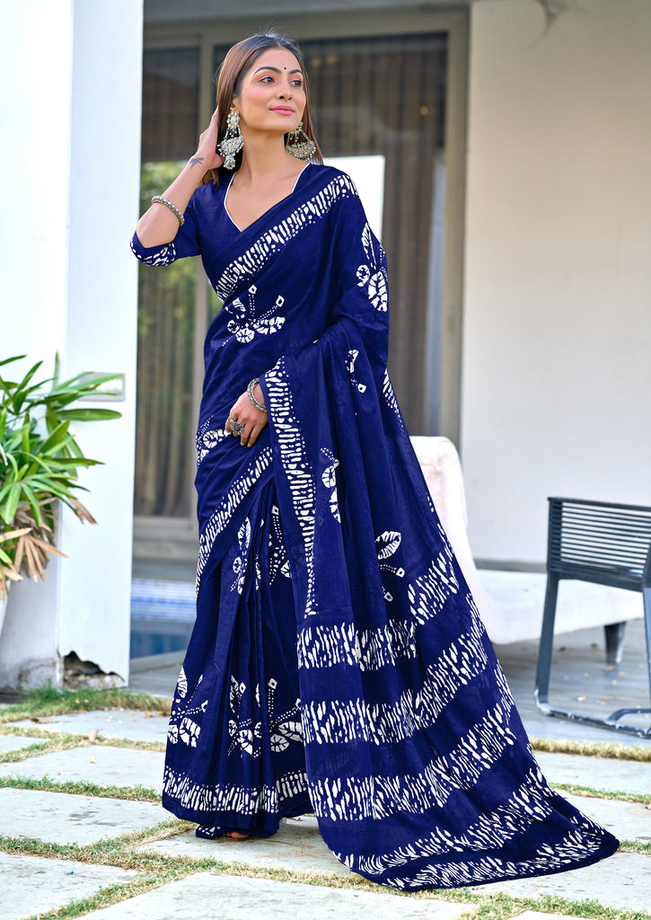 BATIK BUTTERFLY HAND BLOCK MULMUL COTTON NEVY BLUE SAREE