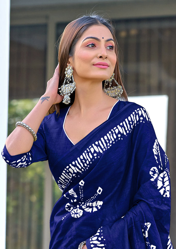 BATIK BUTTERFLY HAND BLOCK MULMUL COTTON NEVY BLUE SAREE