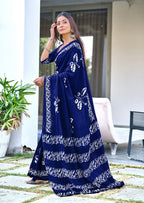 BATIK BUTTERFLY HAND BLOCK MULMUL COTTON NEVY BLUE SAREE