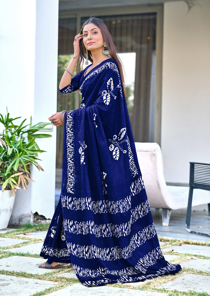 BATIK BUTTERFLY HAND BLOCK MULMUL COTTON NEVY BLUE SAREE