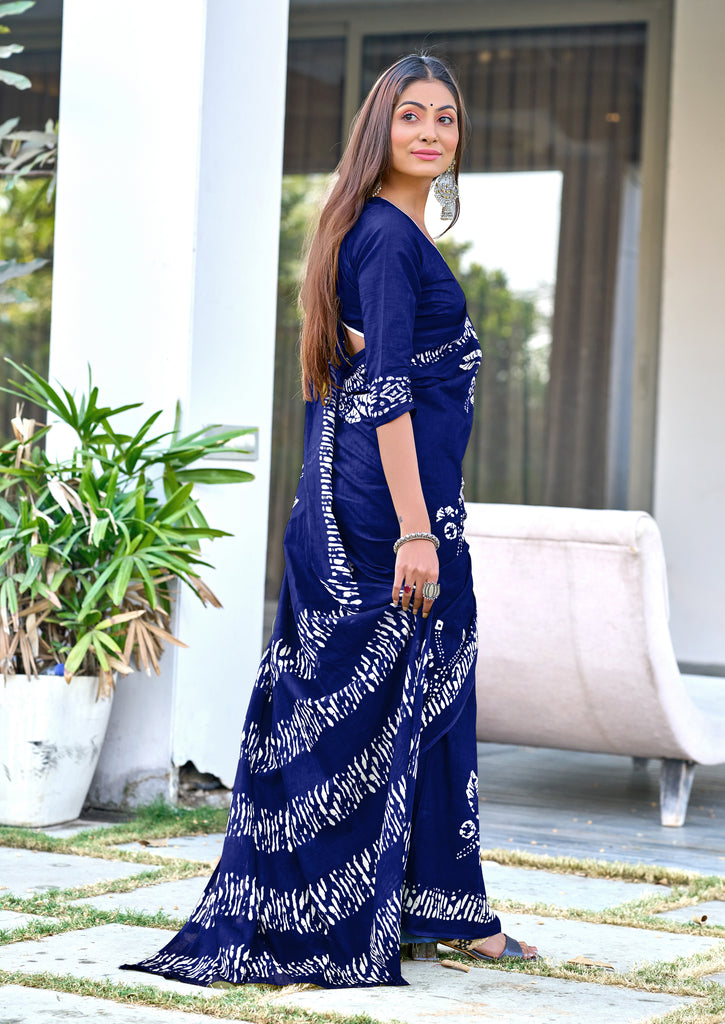 BATIK BUTTERFLY HAND BLOCK MULMUL COTTON NEVY BLUE SAREE