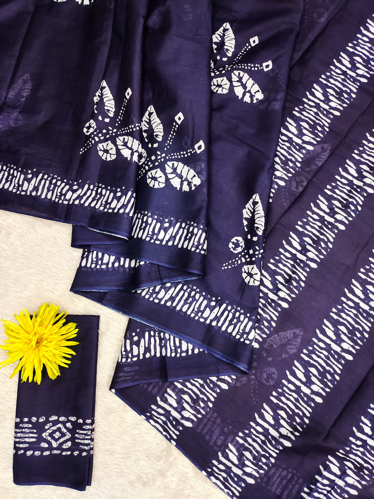 BATIK BUTTERFLY HAND BLOCK MULMUL COTTON NEVY BLUE SAREE