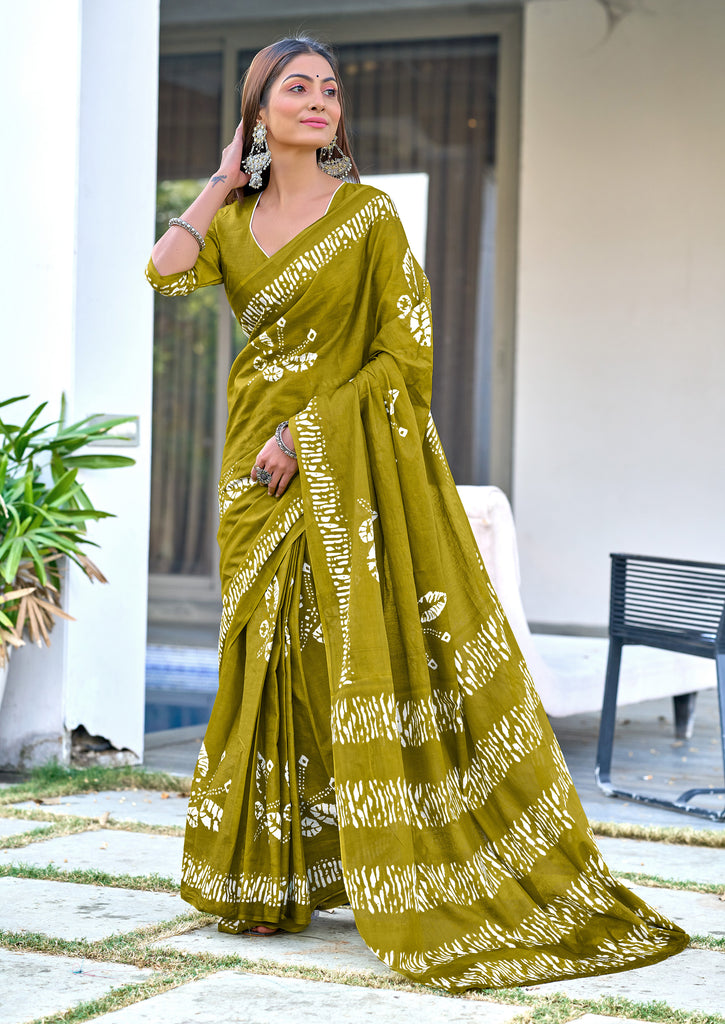 BATIK BUTTERFLY HAND BLOCK MULMUL COTTON OLIVE GREEN SAREE