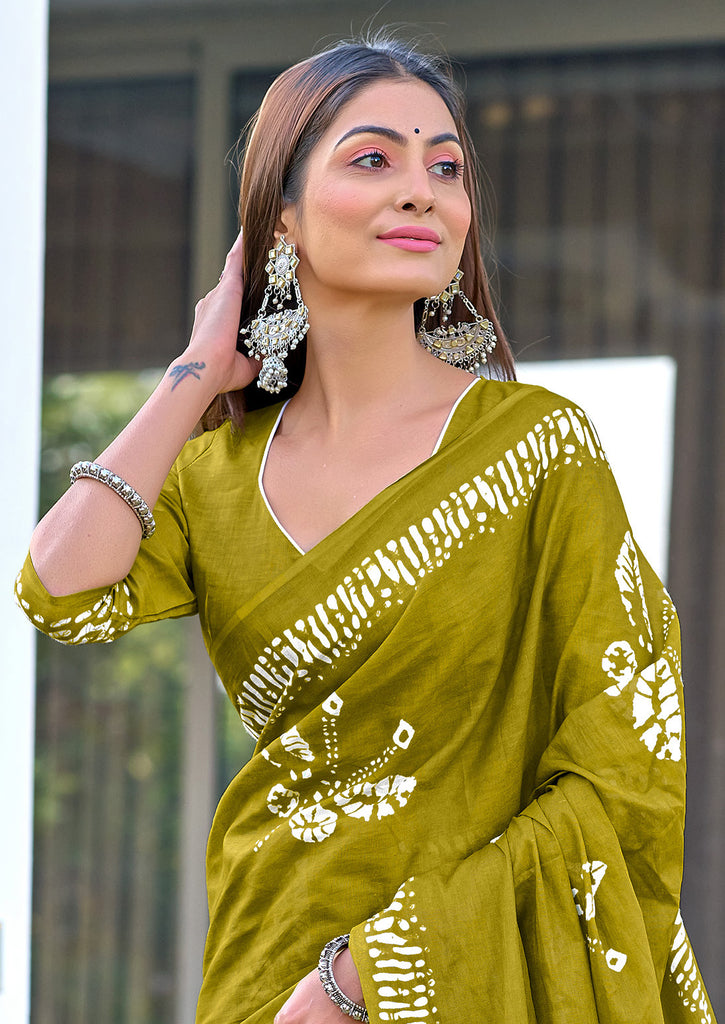 BATIK BUTTERFLY HAND BLOCK MULMUL COTTON OLIVE GREEN SAREE
