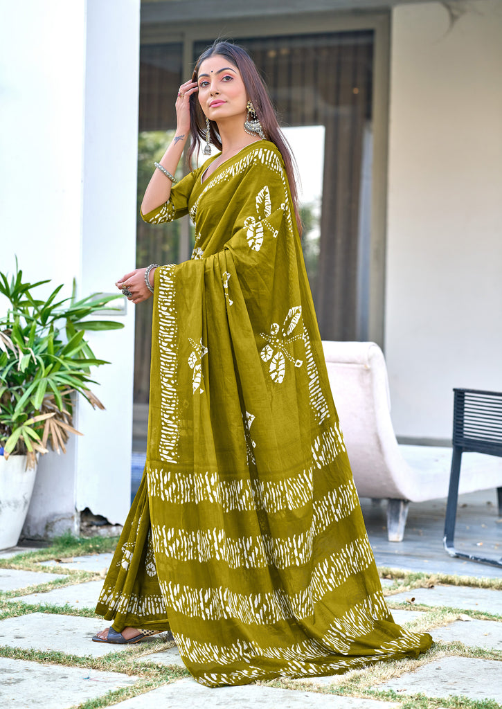 BATIK BUTTERFLY HAND BLOCK MULMUL COTTON OLIVE GREEN SAREE