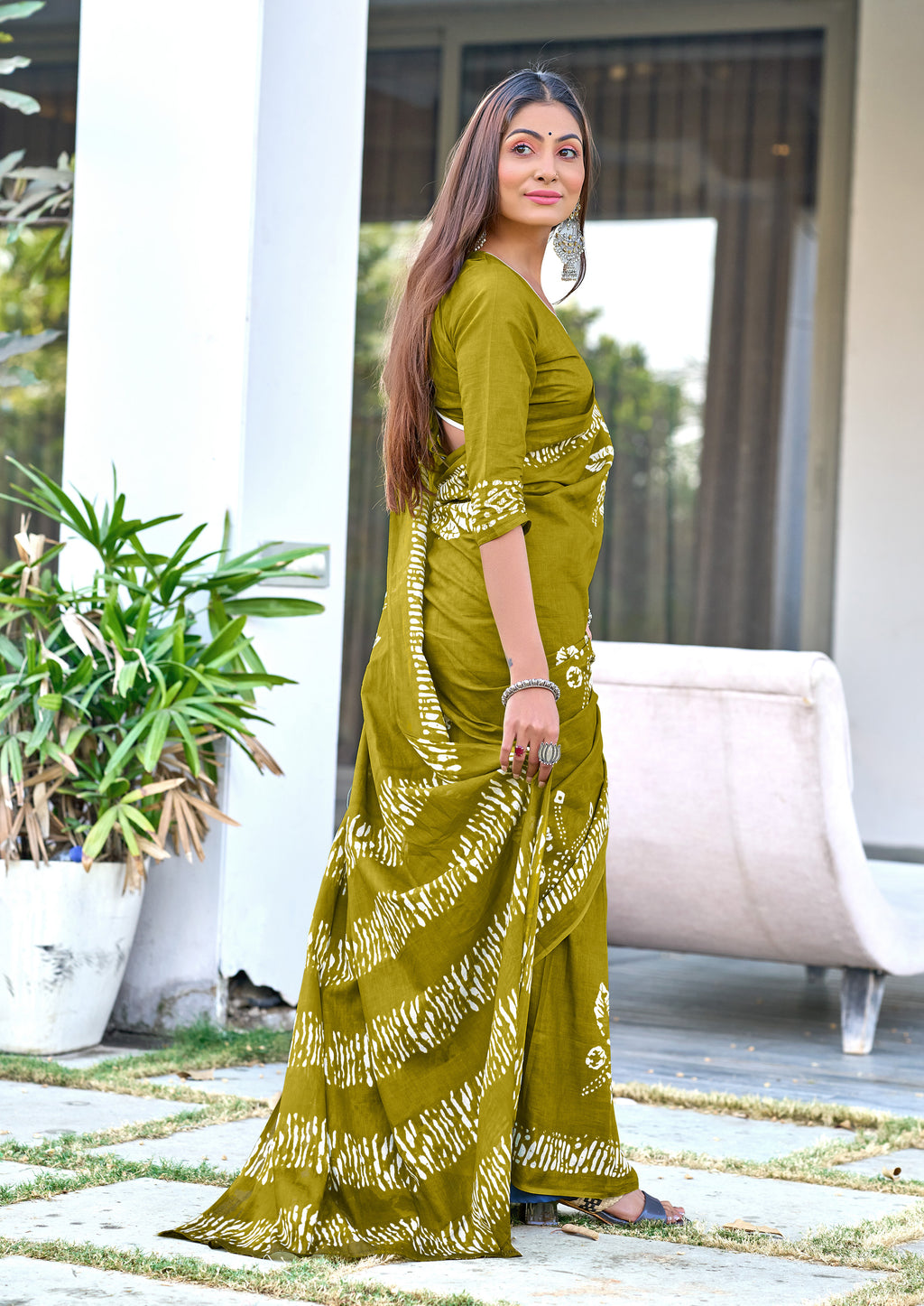 BATIK BUTTERFLY HAND BLOCK MULMUL COTTON OLIVE GREEN SAREE