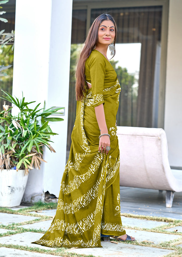 BATIK BUTTERFLY HAND BLOCK MULMUL COTTON OLIVE GREEN SAREE