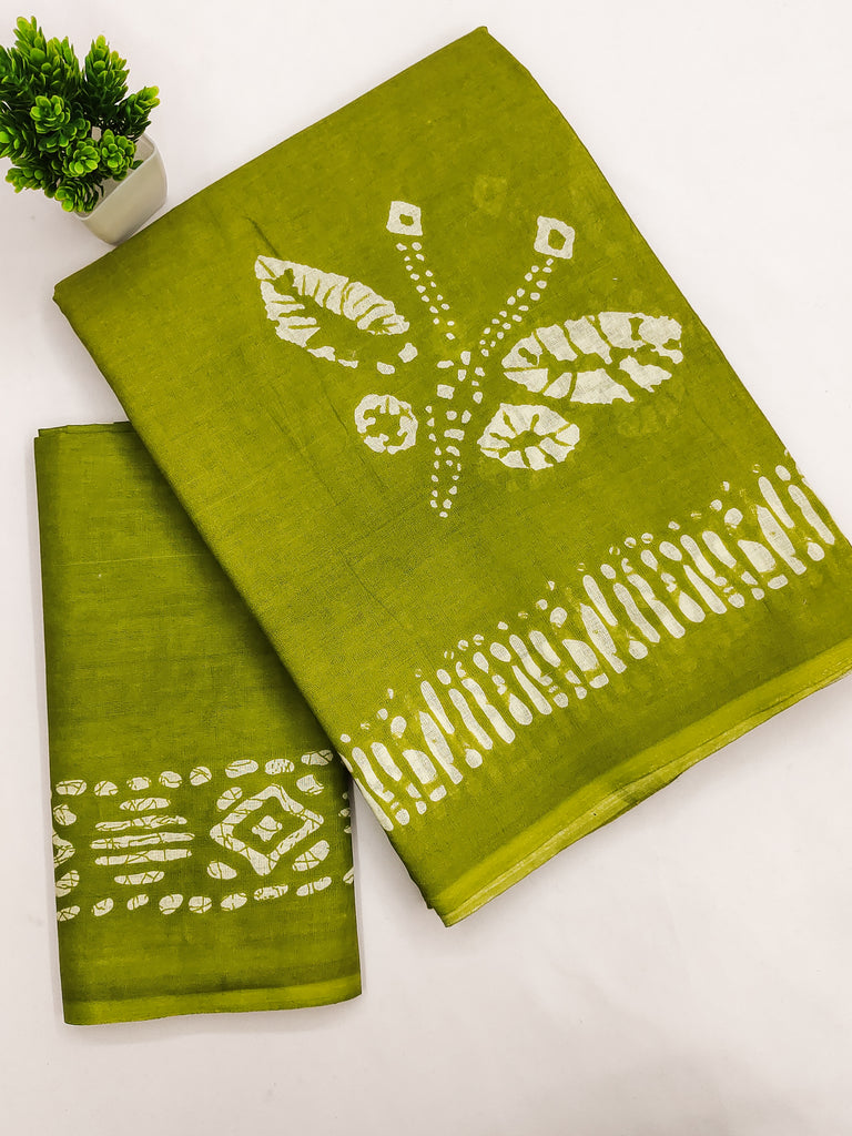 BATIK BUTTERFLY HAND BLOCK MULMUL COTTON OLIVE GREEN SAREE