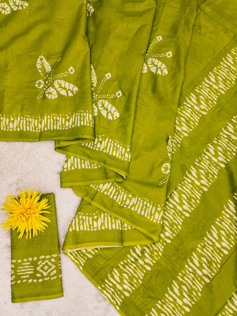 BATIK BUTTERFLY HAND BLOCK MULMUL COTTON OLIVE GREEN SAREE