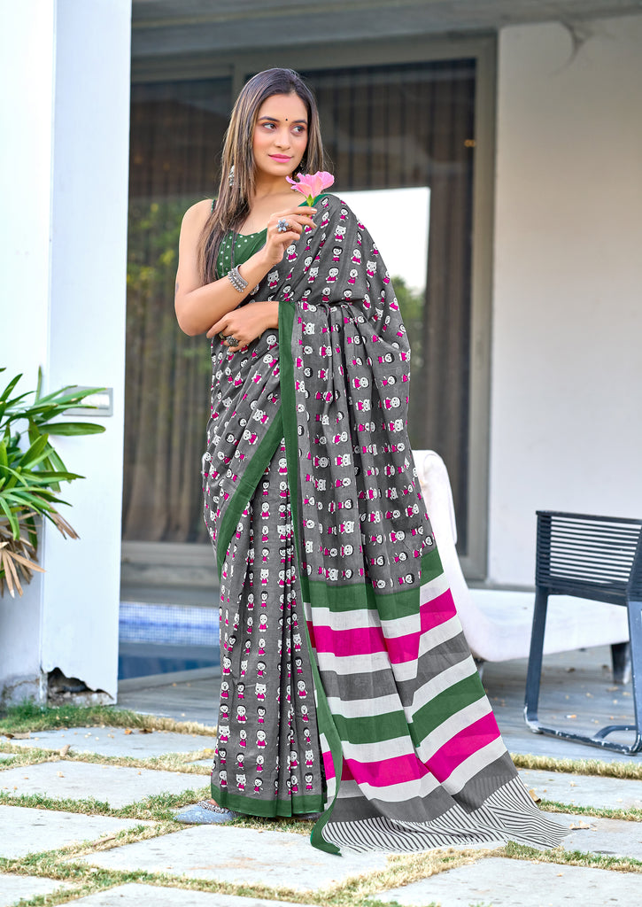 CARTOON HAND BLOCK MULMUL COTTON GREY SAREE