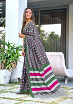 CARTOON HAND BLOCK MULMUL COTTON GREY SAREE