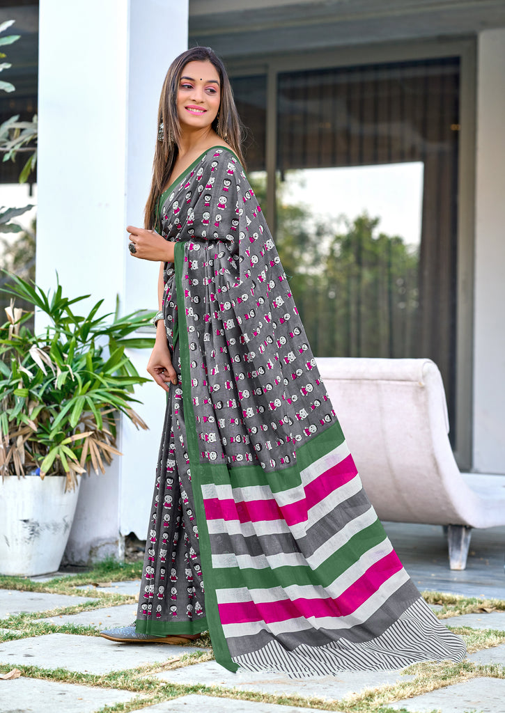 CARTOON HAND BLOCK MULMUL COTTON GREY SAREE