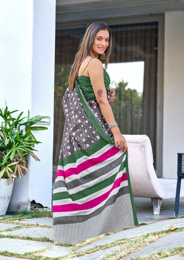CARTOON HAND BLOCK MULMUL COTTON GREY SAREE