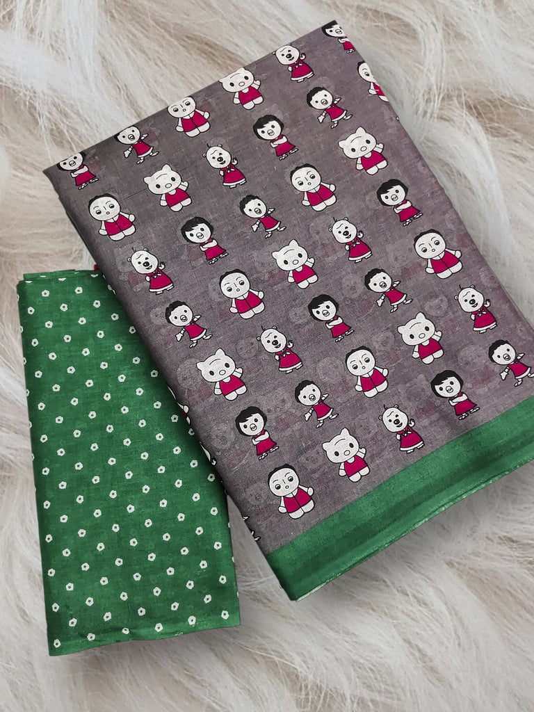 CARTOON HAND BLOCK MULMUL COTTON GREY SAREE