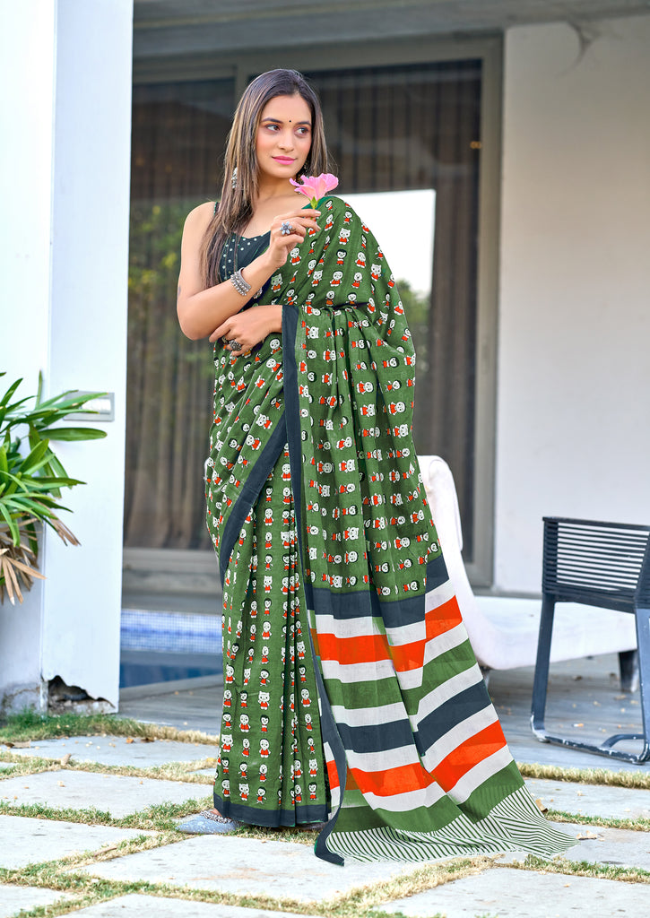 CARTOON HAND BLOCK MULMUL COTTON OLIVE GREEN SAREE