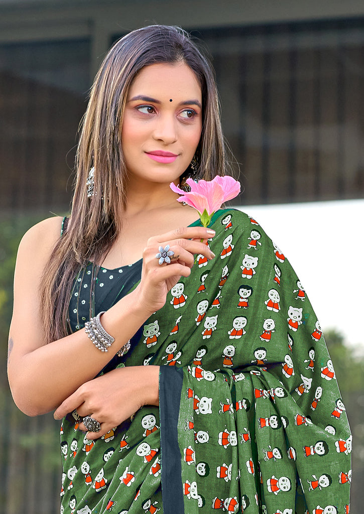 CARTOON HAND BLOCK MULMUL COTTON OLIVE GREEN SAREE
