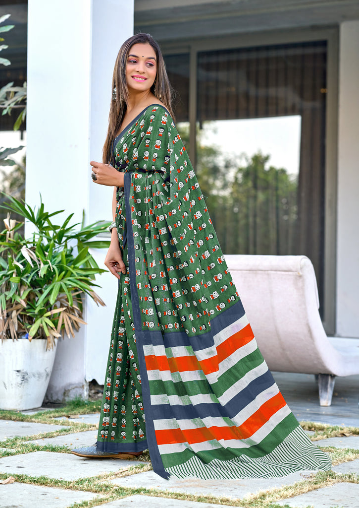 CARTOON HAND BLOCK MULMUL COTTON OLIVE GREEN SAREE