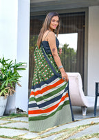 CARTOON HAND BLOCK MULMUL COTTON OLIVE GREEN SAREE