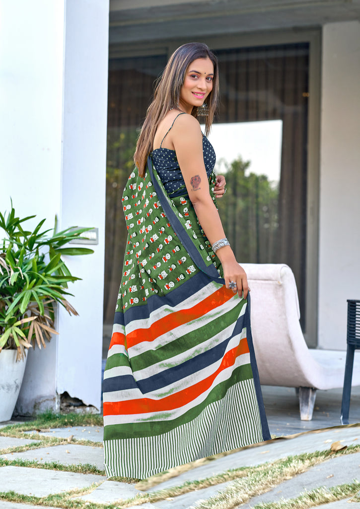 CARTOON HAND BLOCK MULMUL COTTON OLIVE GREEN SAREE