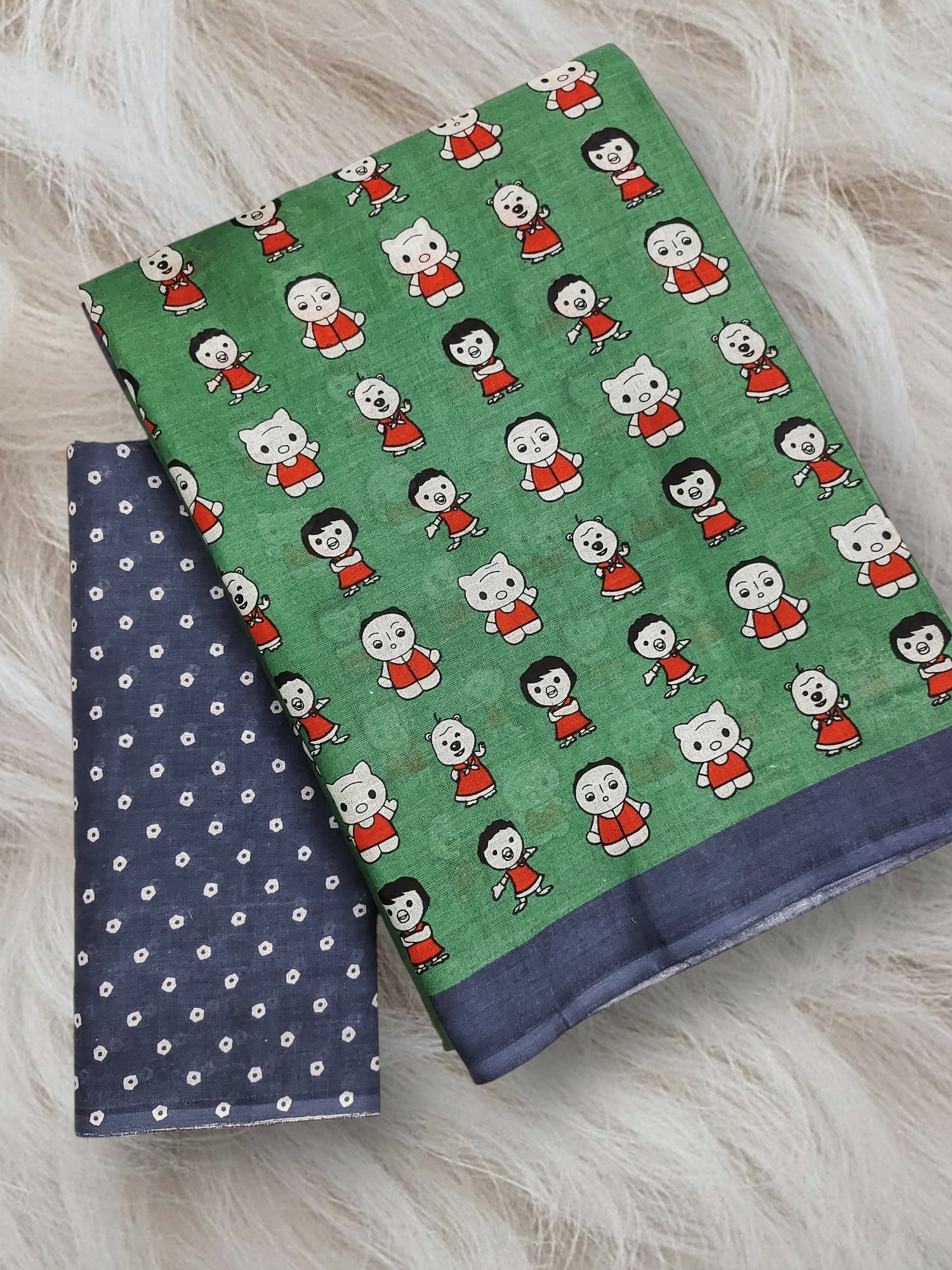 CARTOON HAND BLOCK MULMUL COTTON OLIVE GREEN SAREE