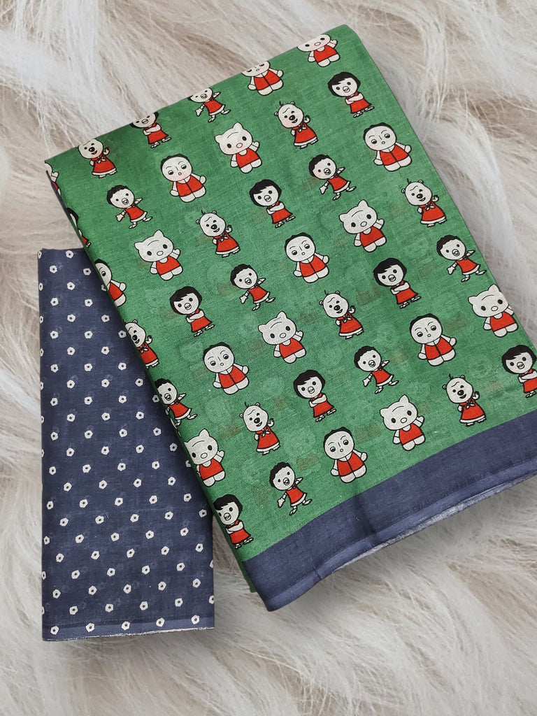 CARTOON HAND BLOCK MULMUL COTTON OLIVE GREEN SAREE
