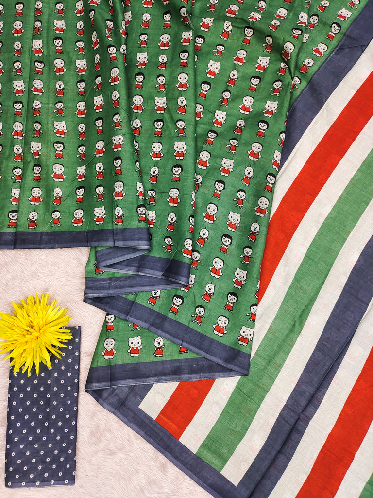 CARTOON HAND BLOCK MULMUL COTTON OLIVE GREEN SAREE