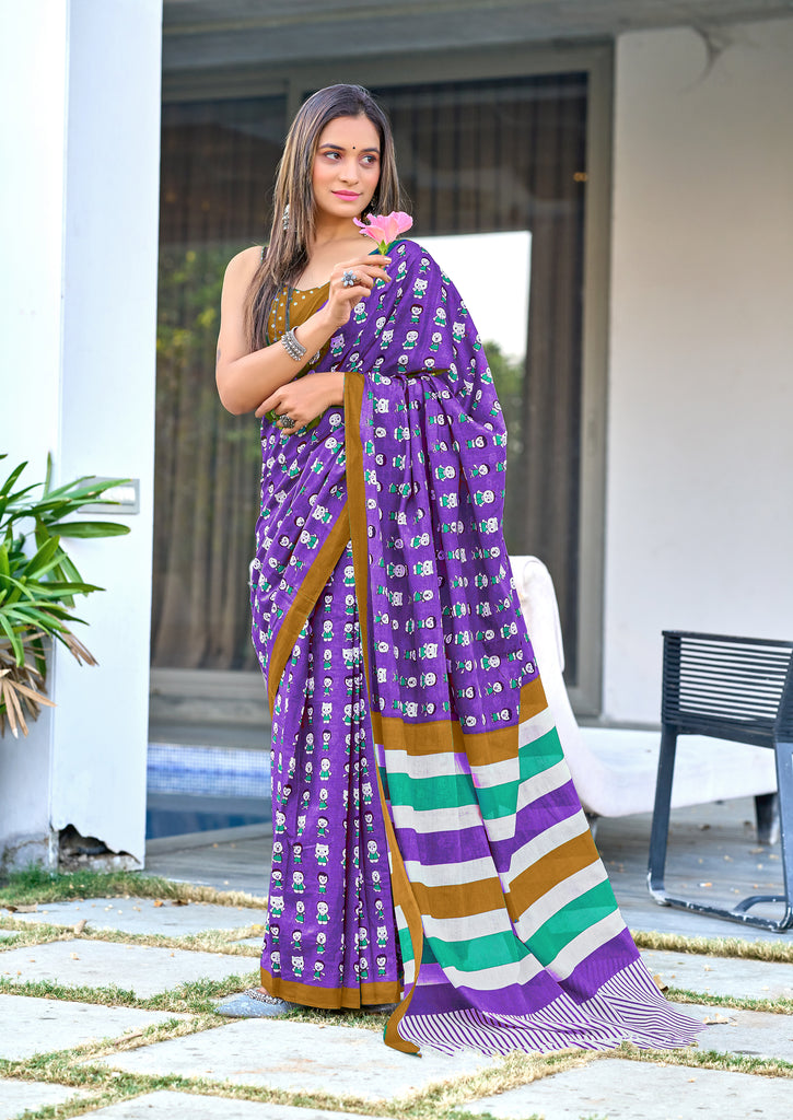 CARTOON HAND BLOCK MULMUL COTTON PURPLE SAREE