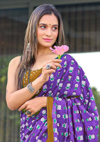 CARTOON HAND BLOCK MULMUL COTTON PURPLE SAREE