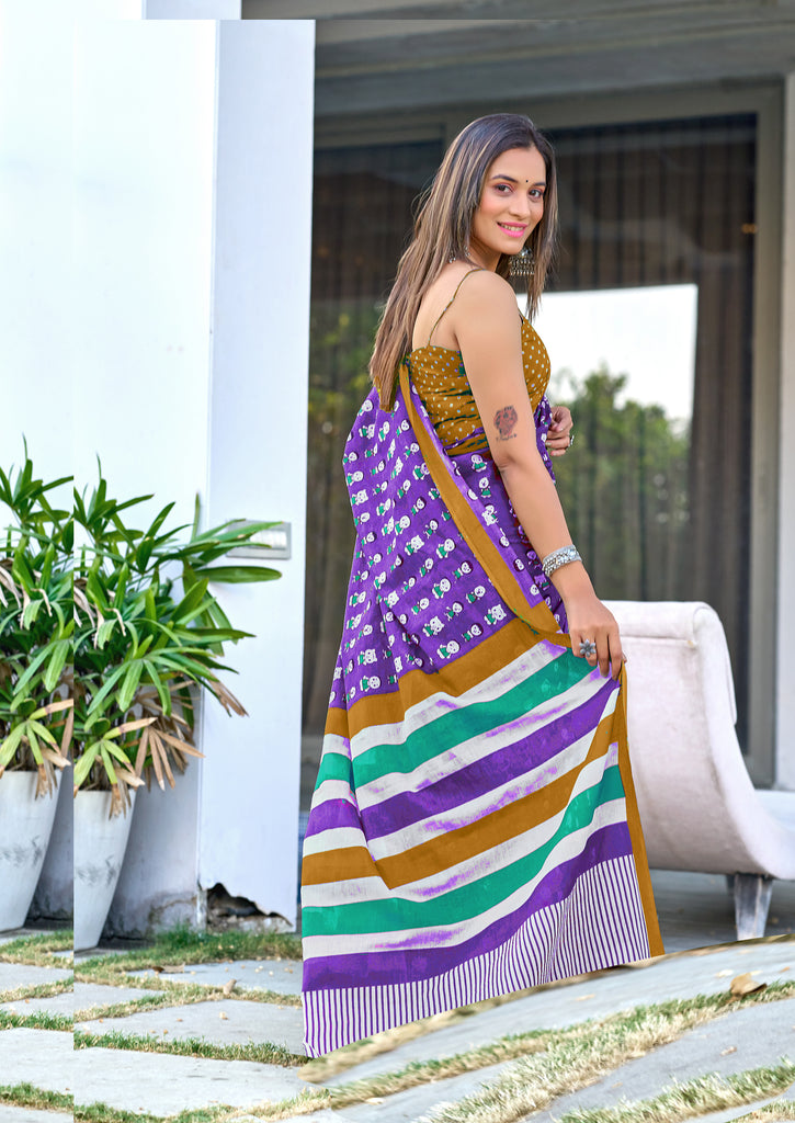 CARTOON HAND BLOCK MULMUL COTTON PURPLE SAREE
