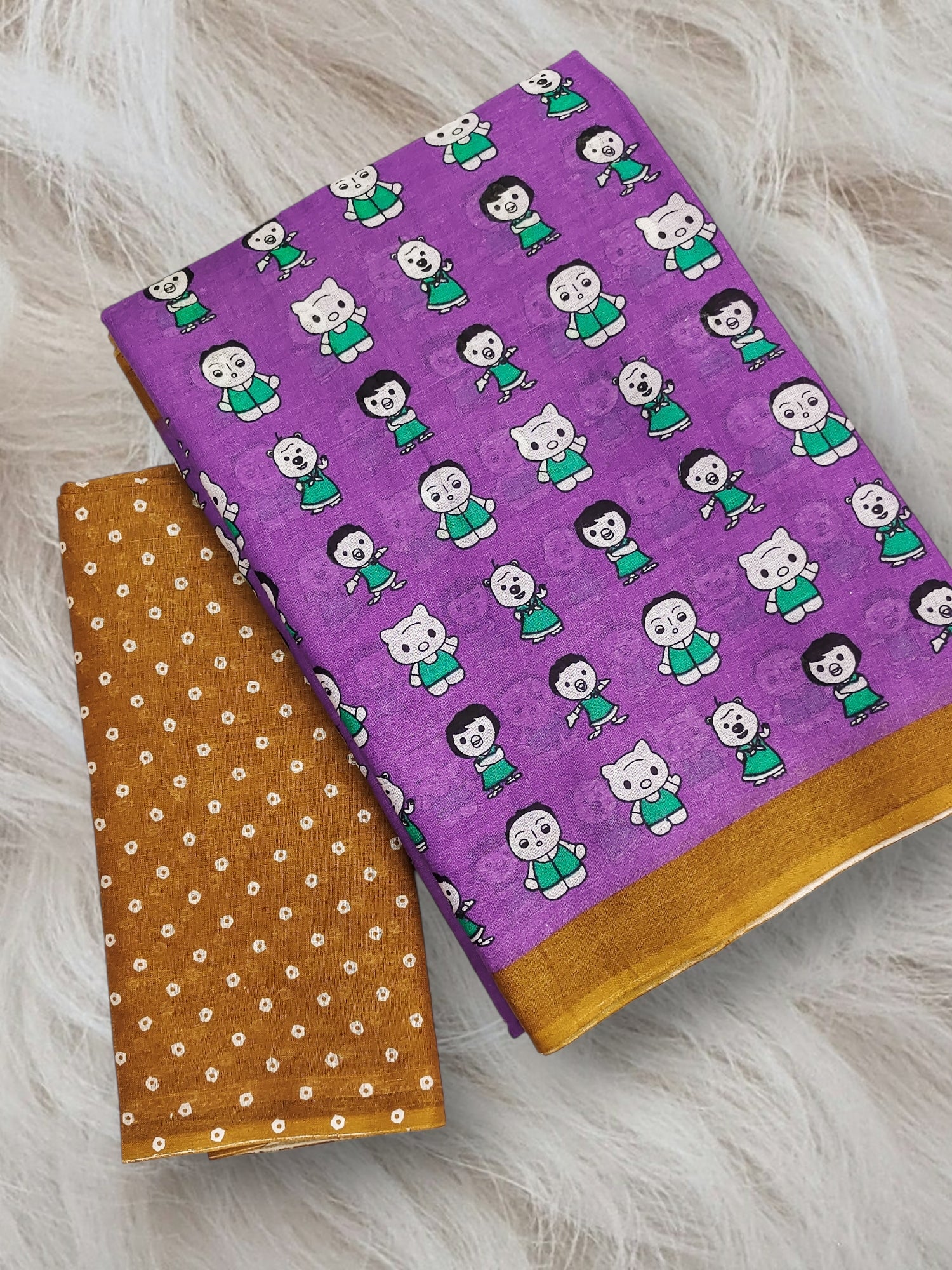 CARTOON HAND BLOCK MULMUL COTTON PURPLE SAREE