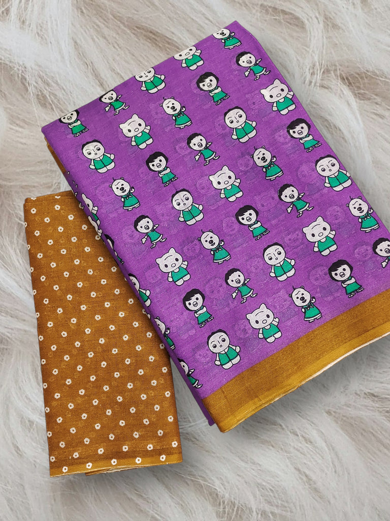 CARTOON HAND BLOCK MULMUL COTTON PURPLE SAREE