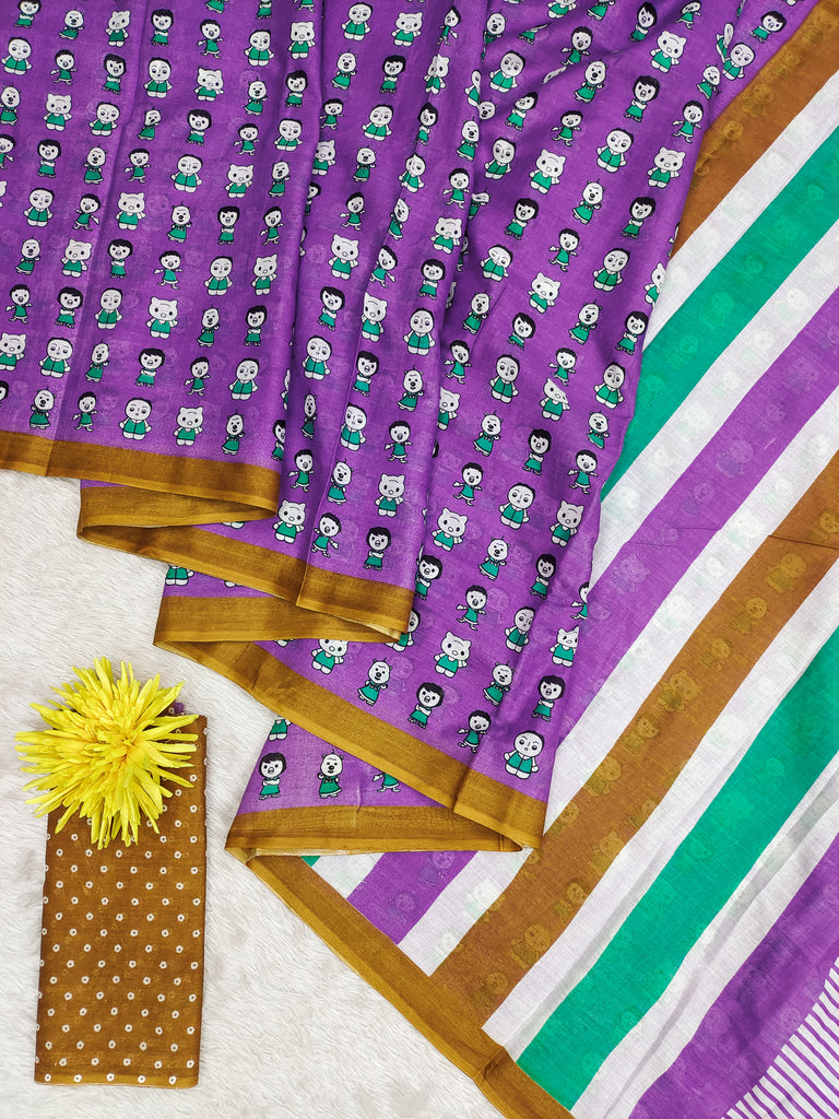 CARTOON HAND BLOCK MULMUL COTTON PURPLE SAREE