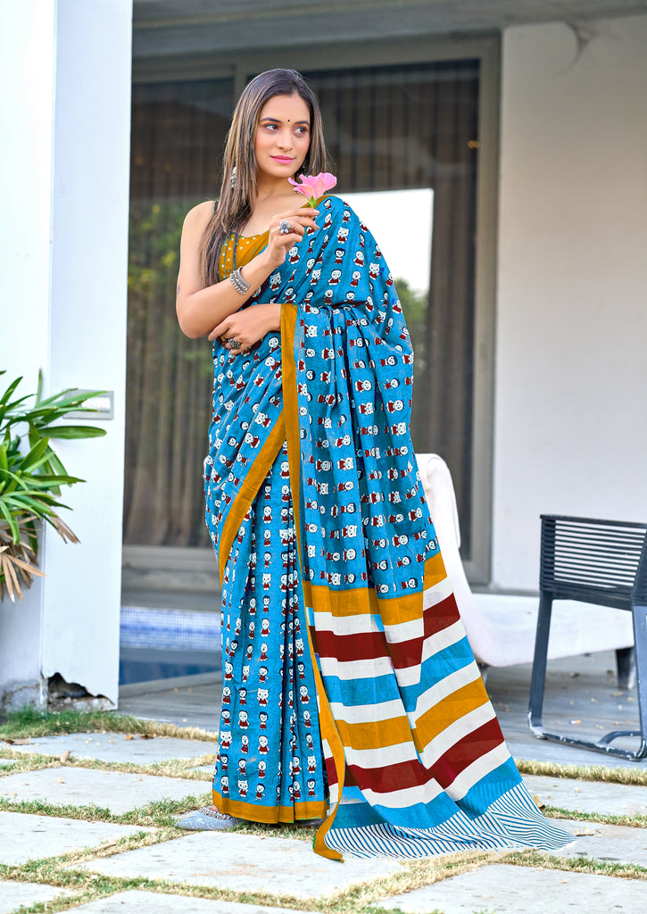 CARTOON HAND BLOCK MULMUL COTTON SKY BLUE SAREE
