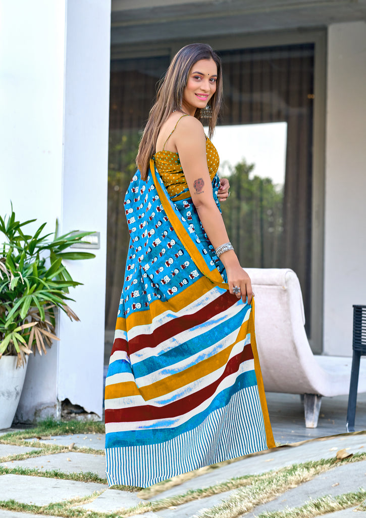 CARTOON HAND BLOCK MULMUL COTTON SKY BLUE SAREE